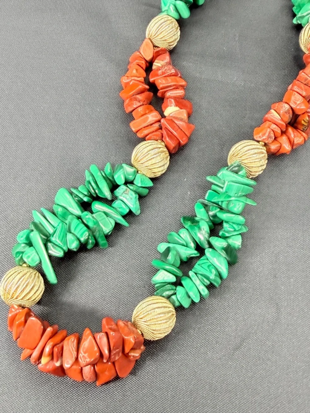 Vintage Malachite Artisan Necklace Red Jasper Chip Bead Double-Strand, Gold-tone